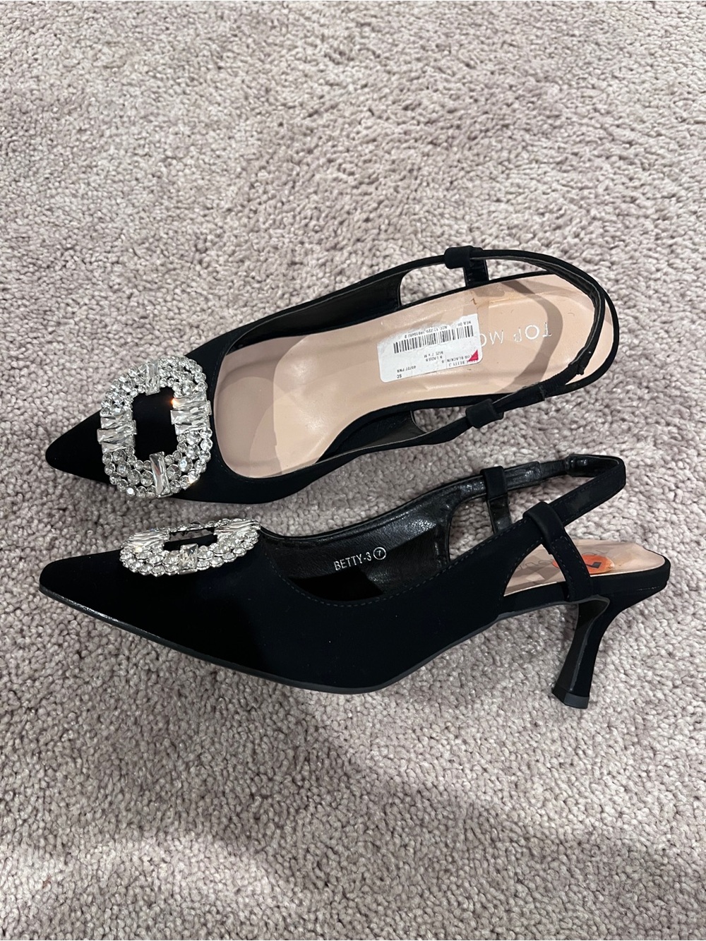 Black Pointed Toe Kitten Heels with Rhinestone Detail